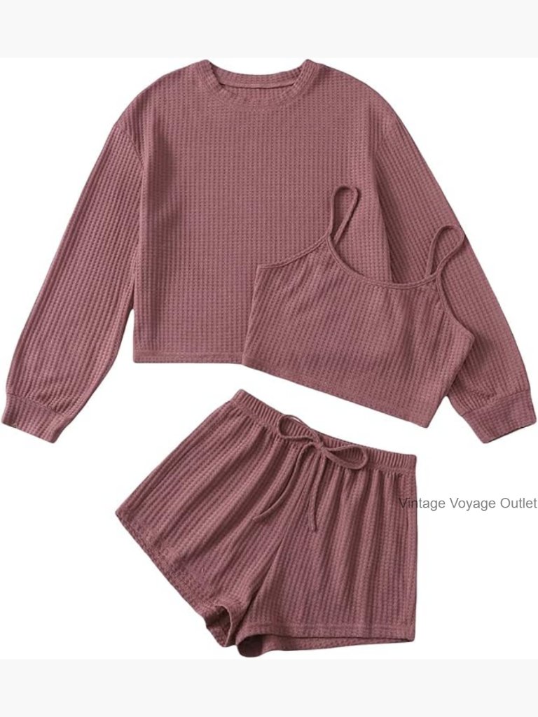 Ribbed Knit 3 Piece Lounge Set - Cami, Tee & Shorts